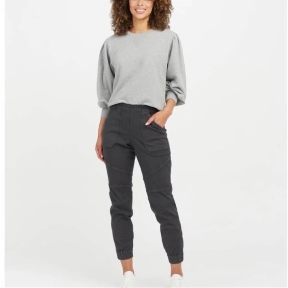 Womens Spanx Stretch Twill Cargo Joggers Gray Elastic Waist Ankle Zips Pants